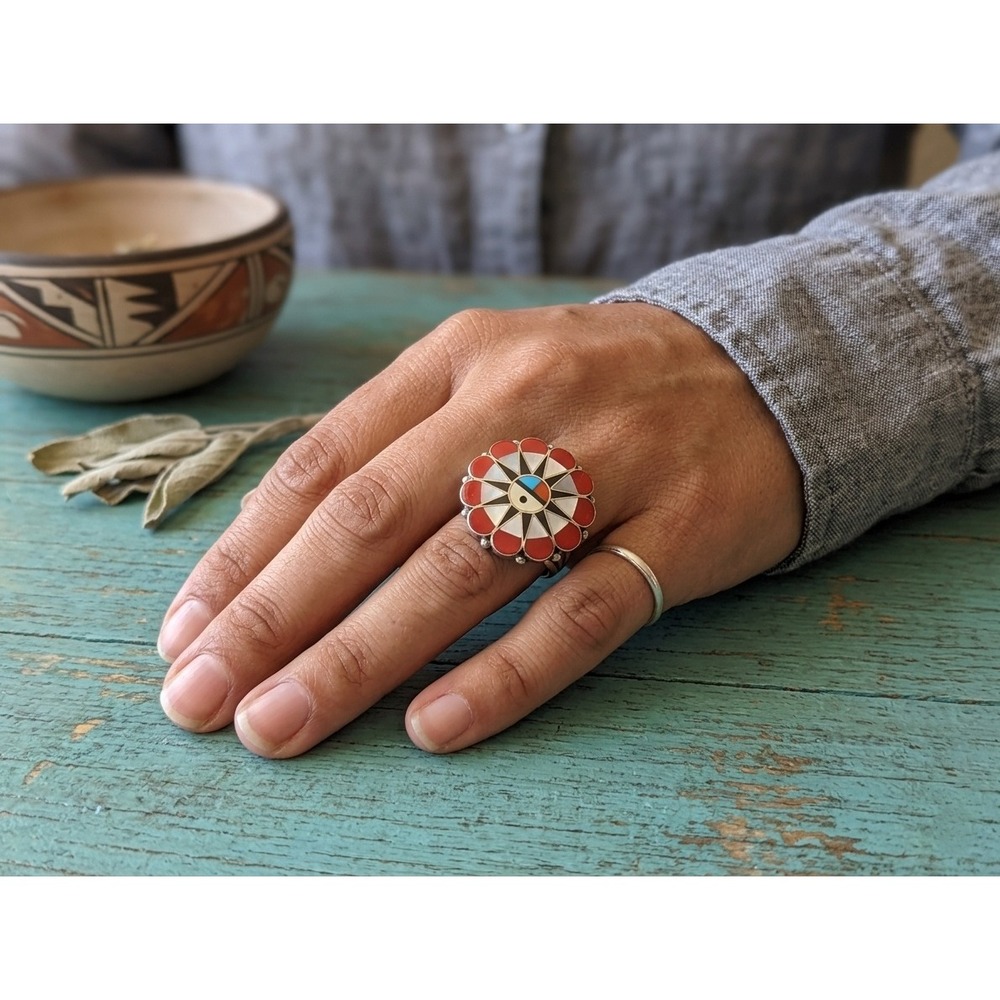 Handmade Zuni Cluster Ring Size 10.5US - Women's‎ Southwest Native Jewelry **